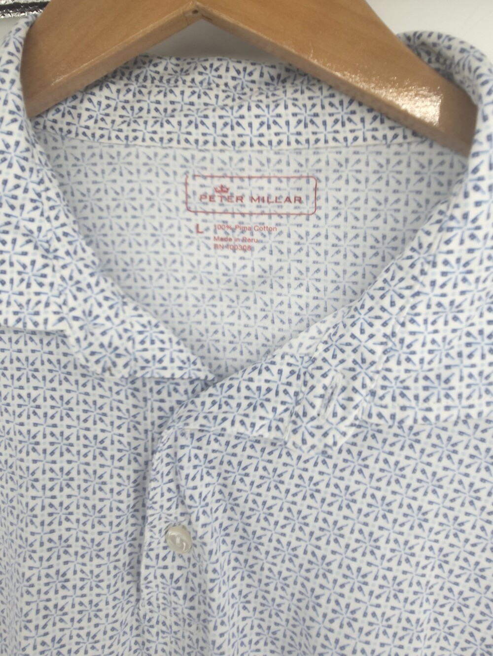 Peter Millar Golf Polo Shirt 100% Pima Cotton White Blue Shapes Large